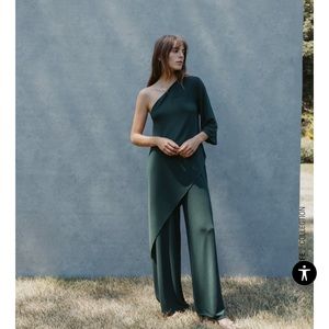 NWT zara asymmetrical green one shoulder pad top and palazzo pants set